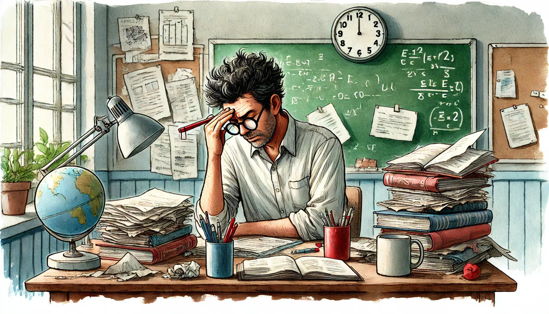 A stressed teacher in a classroom setting