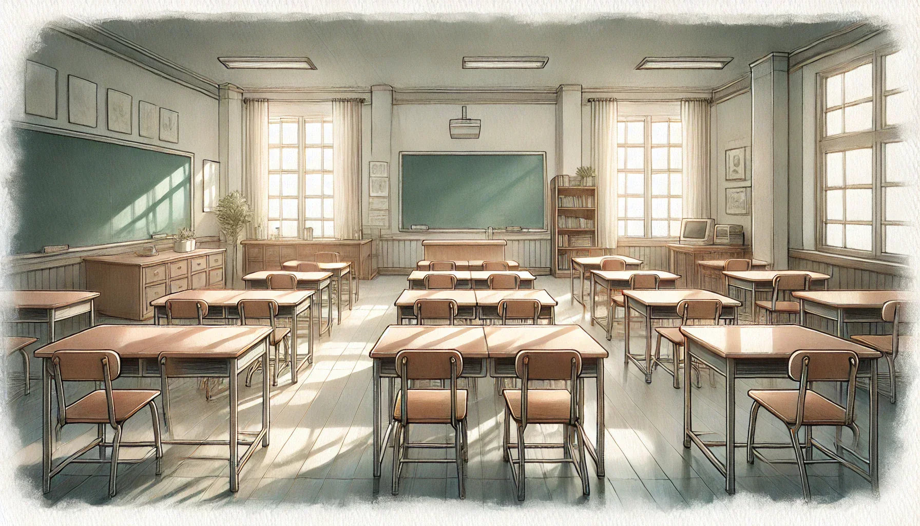 A watercolor-style painting of an empty classroom with wooden desks and chairs arranged neatly in rows.