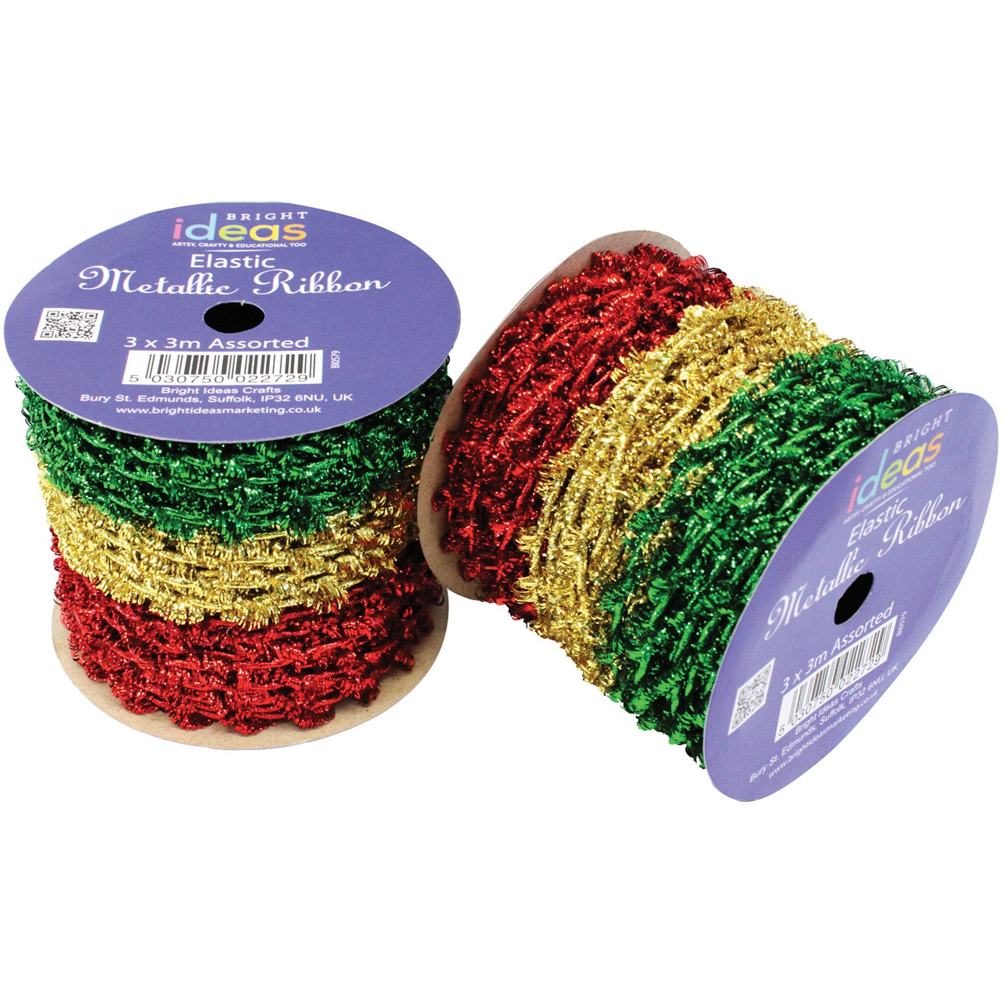 Elastic Metallic Ribbon - Red, Gold, Green pk 3